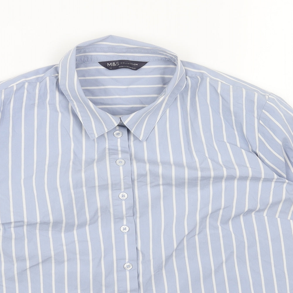Marks and Spencer Womens Blue Striped Cotton Basic Button-Up Size 14 Collared