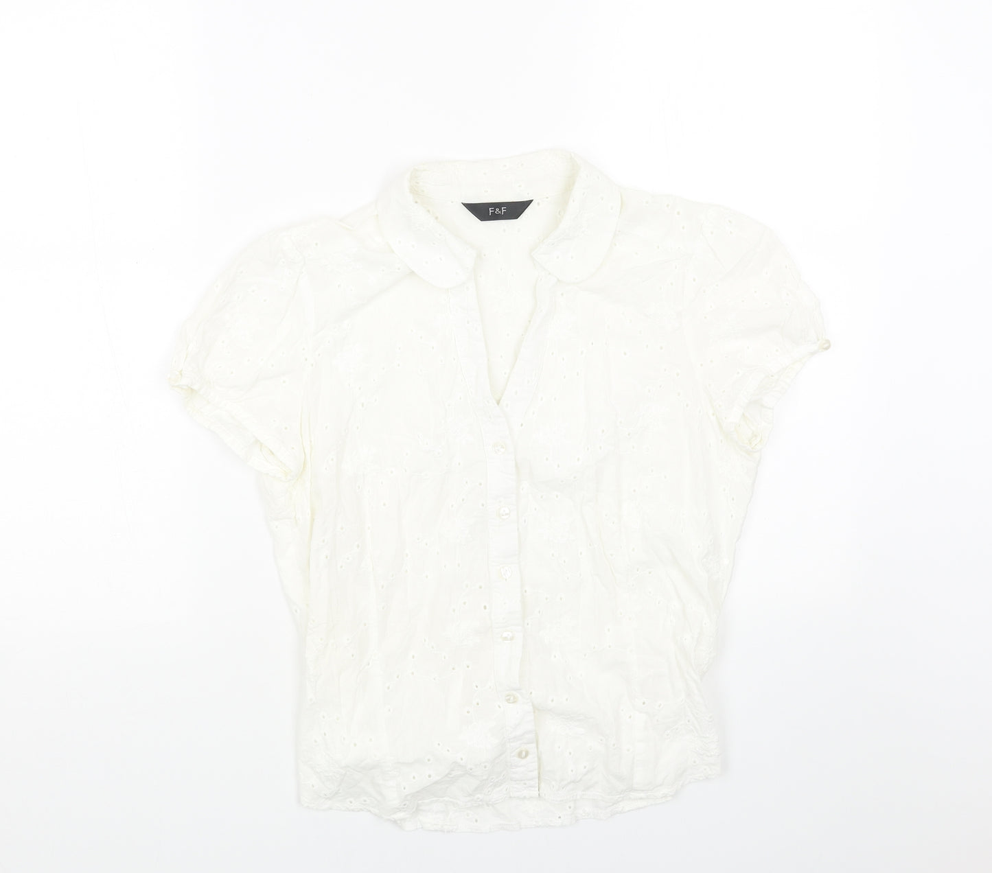 F&F Womens White Cotton Basic Button-Up Size 14 Collared - Broderie Anglaise