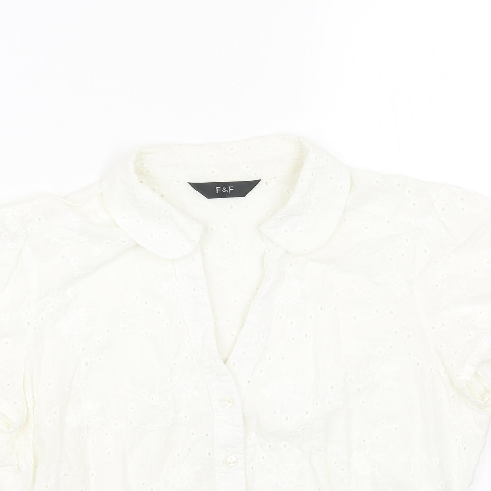 F&F Womens White Cotton Basic Button-Up Size 14 Collared - Broderie Anglaise