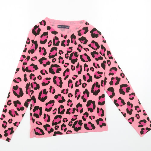 Marks and Spencer Womens Pink Boat Neck Animal Print Acrylic Pullover Jumper Size 6 - Leopard Print