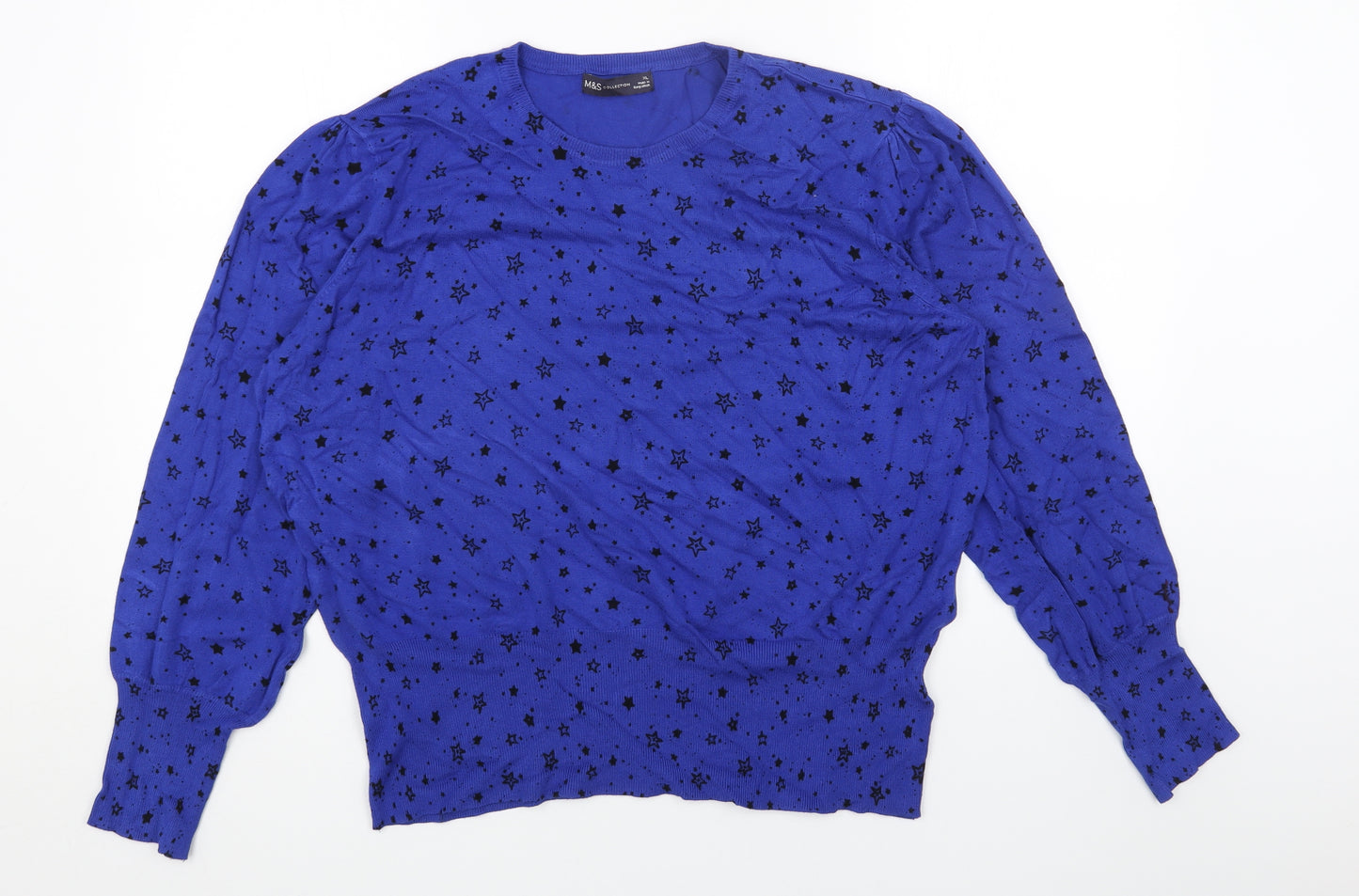 Marks and Spencer Womens Blue Scoop Neck Geometric Viscose Pullover Jumper Size XL - Star Print
