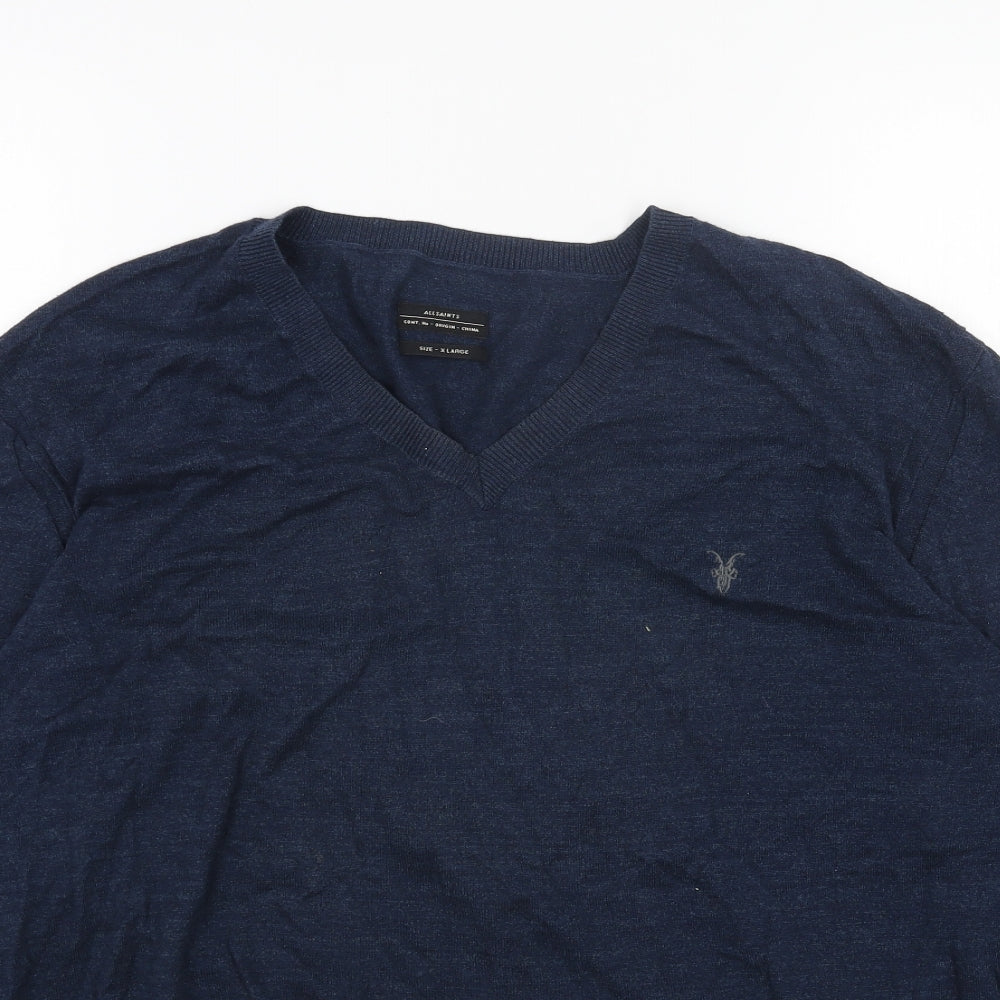 AllSaints Mens Blue V-Neck Cotton Pullover Jumper Size XL