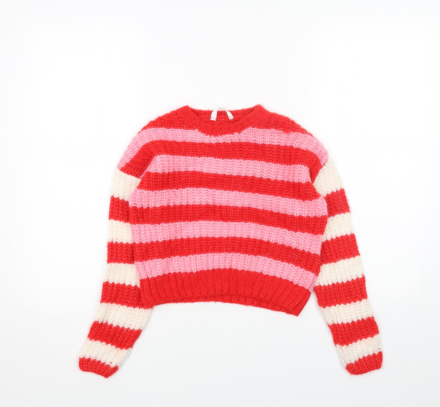 Marks and Spencer Girls Red Round Neck Striped Acrylic Pullover Jumper Size 6-7 Years Pullover