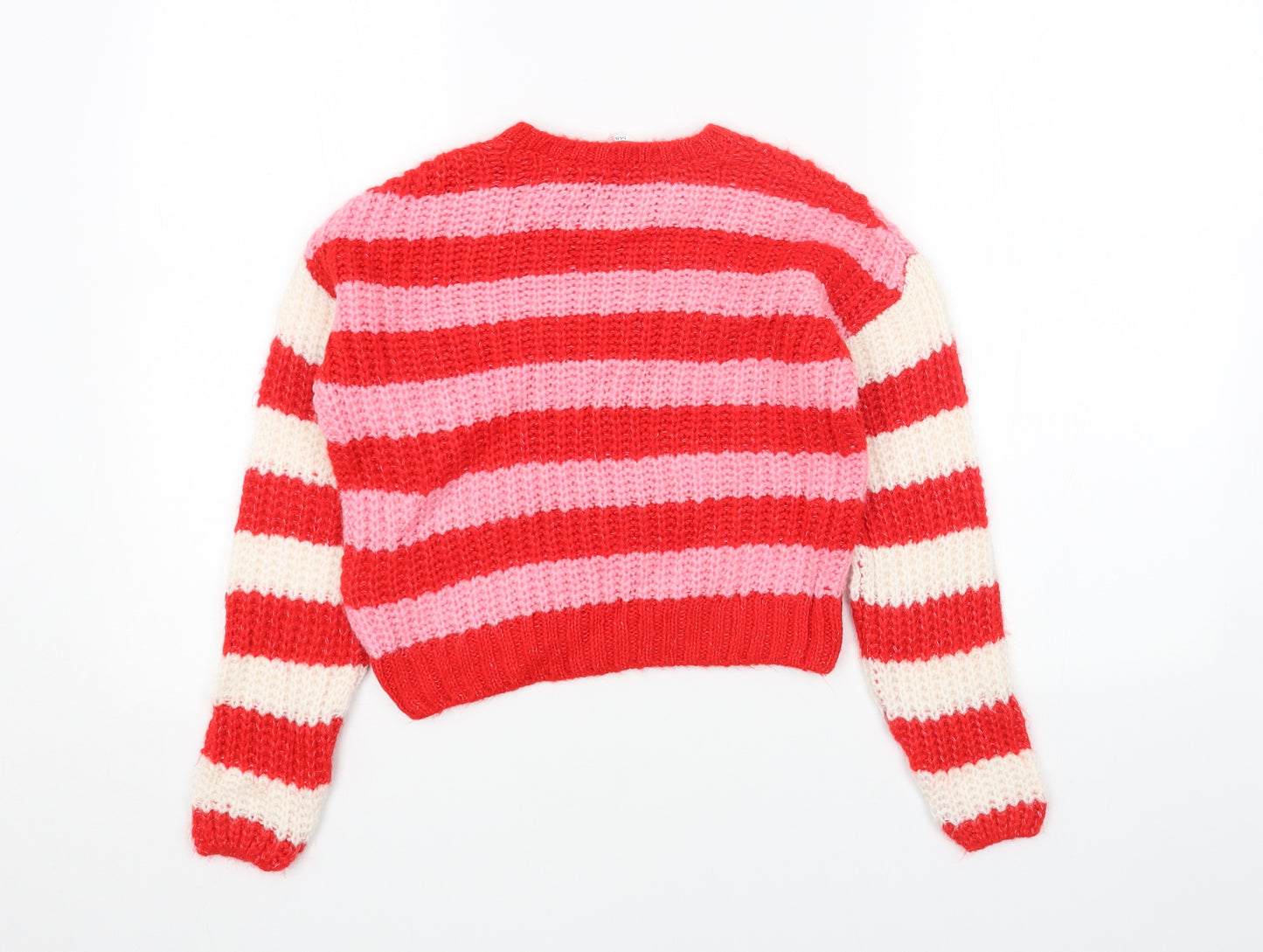 Marks and Spencer Girls Red Round Neck Striped Acrylic Pullover Jumper Size 6-7 Years Pullover