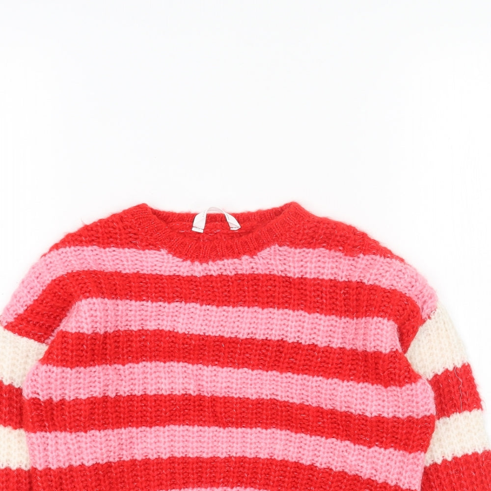 Marks and Spencer Girls Red Round Neck Striped Acrylic Pullover Jumper Size 6-7 Years Pullover