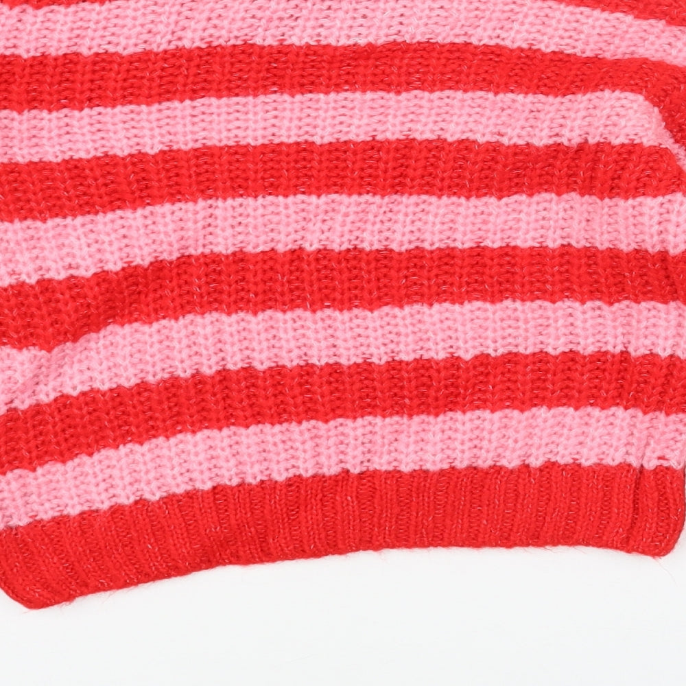 Marks and Spencer Girls Red Round Neck Striped Acrylic Pullover Jumper Size 6-7 Years Pullover