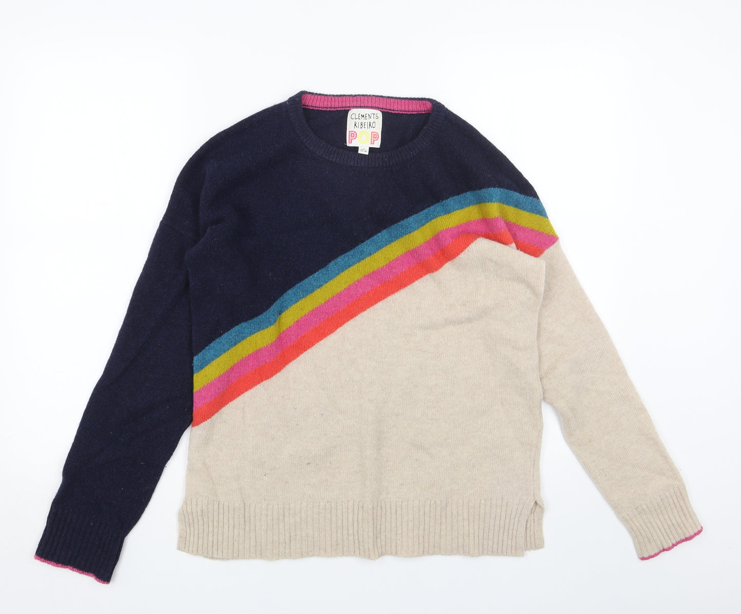 Clements Ribeiro Womens Blue Scoop Neck Wool Pullover Jumper Size M - Rainbow
