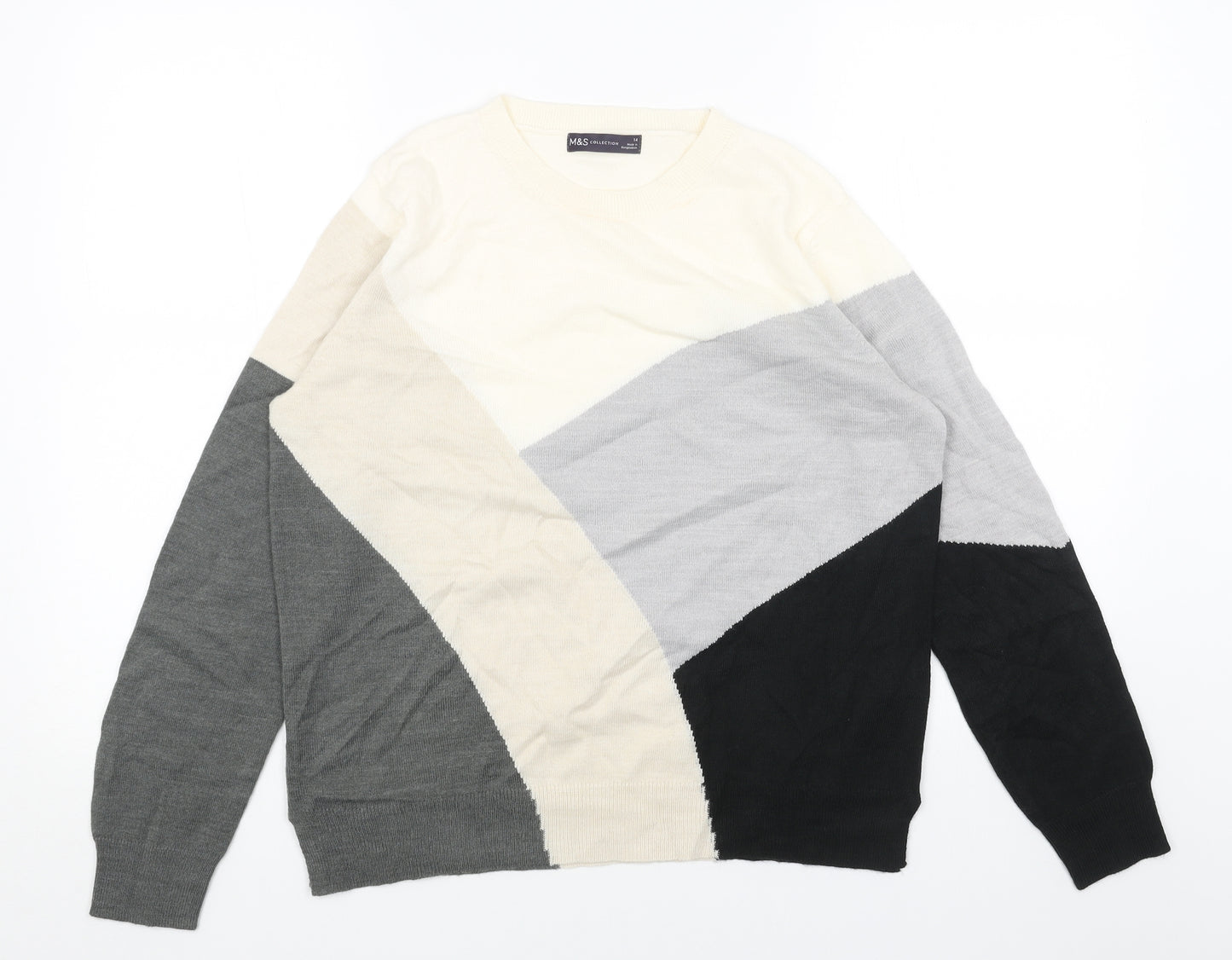 Marks and Spencer Womens Grey Scoop Neck Acrylic Pullover Jumper Size 14 - Colourblock