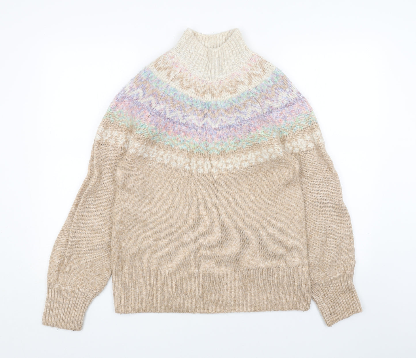 Marks and Spencer Womens Beige Mock Neck Fair Isle Acrylic Pullover Jumper Size M