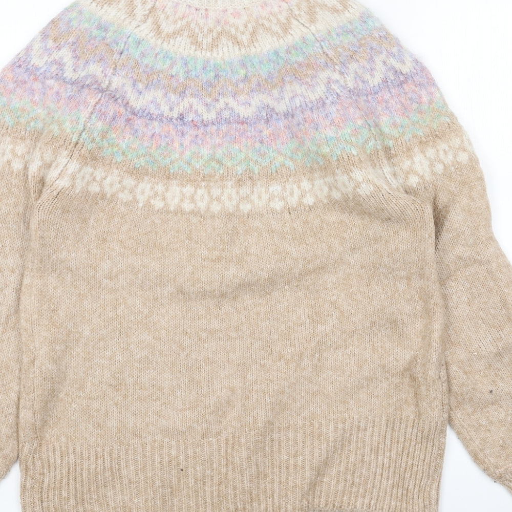 Marks and Spencer Womens Beige Mock Neck Fair Isle Acrylic Pullover Jumper Size M