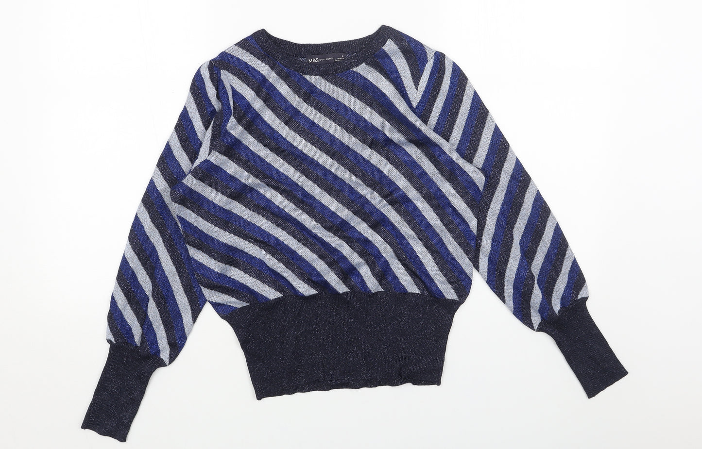 Marks and Spencer Womens Blue Boat Neck Geometric Viscose Pullover Jumper Size 8