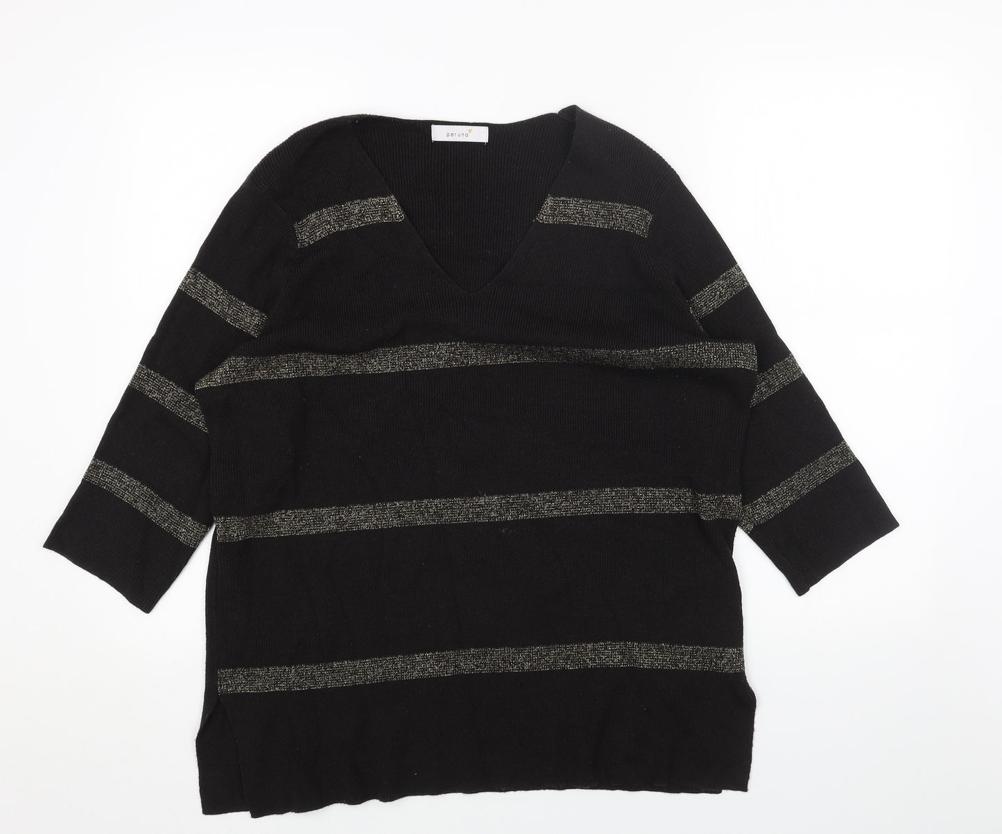 Per Una Womens Black V-Neck Striped Acrylic Pullover Jumper Size 16