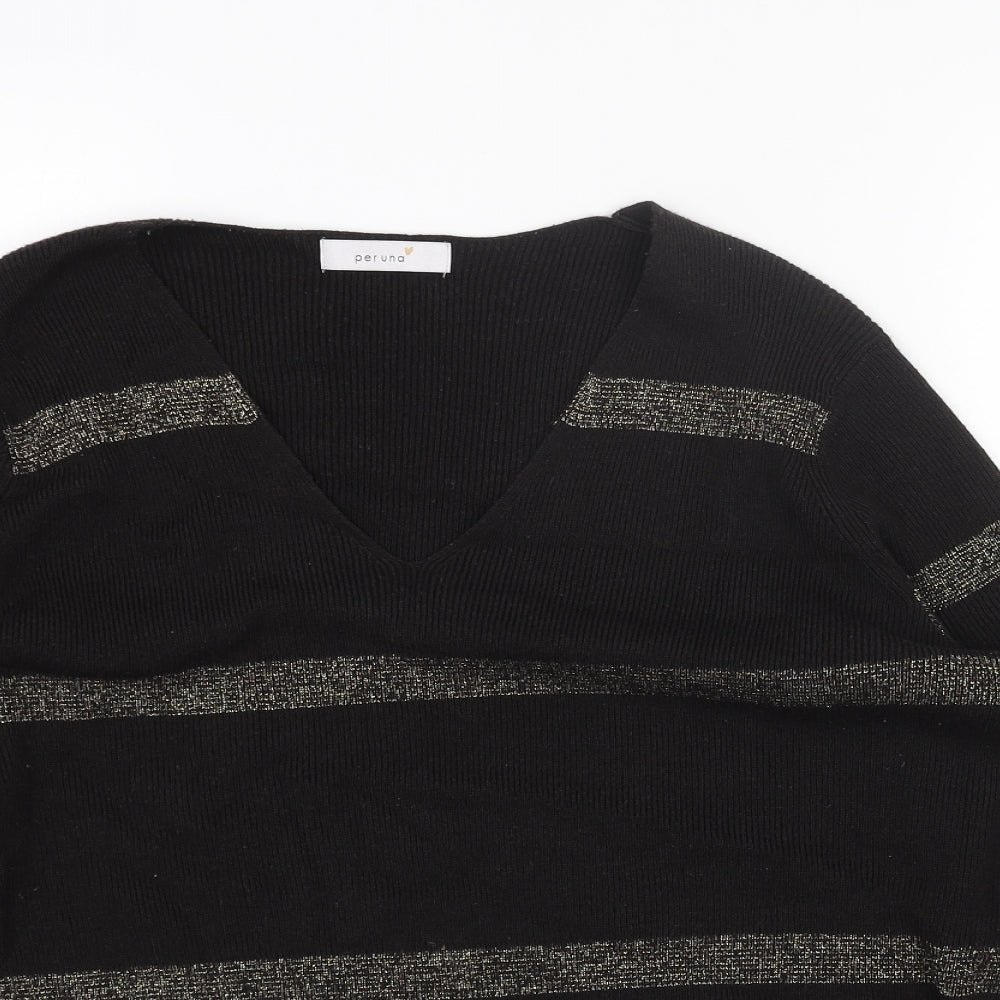 Per Una Womens Black V-Neck Striped Acrylic Pullover Jumper Size 16