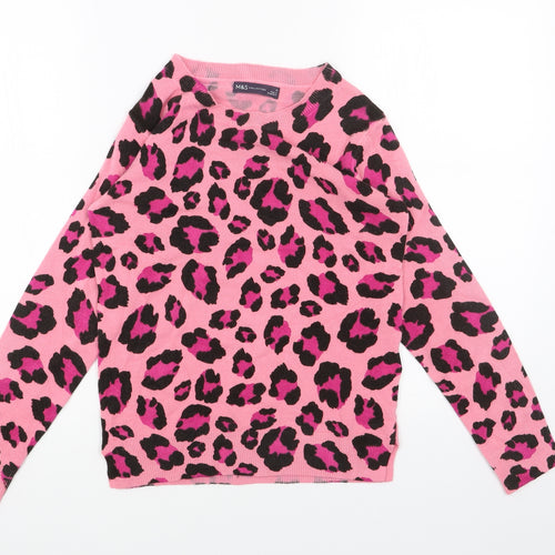 Marks and Spencer Womens Pink Scoop Neck Animal Print Acrylic Pullover Jumper Size 6 - Leopard Print