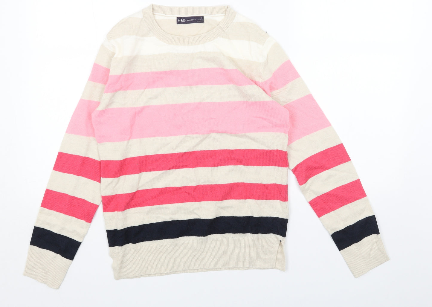 Marks and Spencer Womens Beige Scoop Neck Striped Acrylic Pullover Jumper Size 6