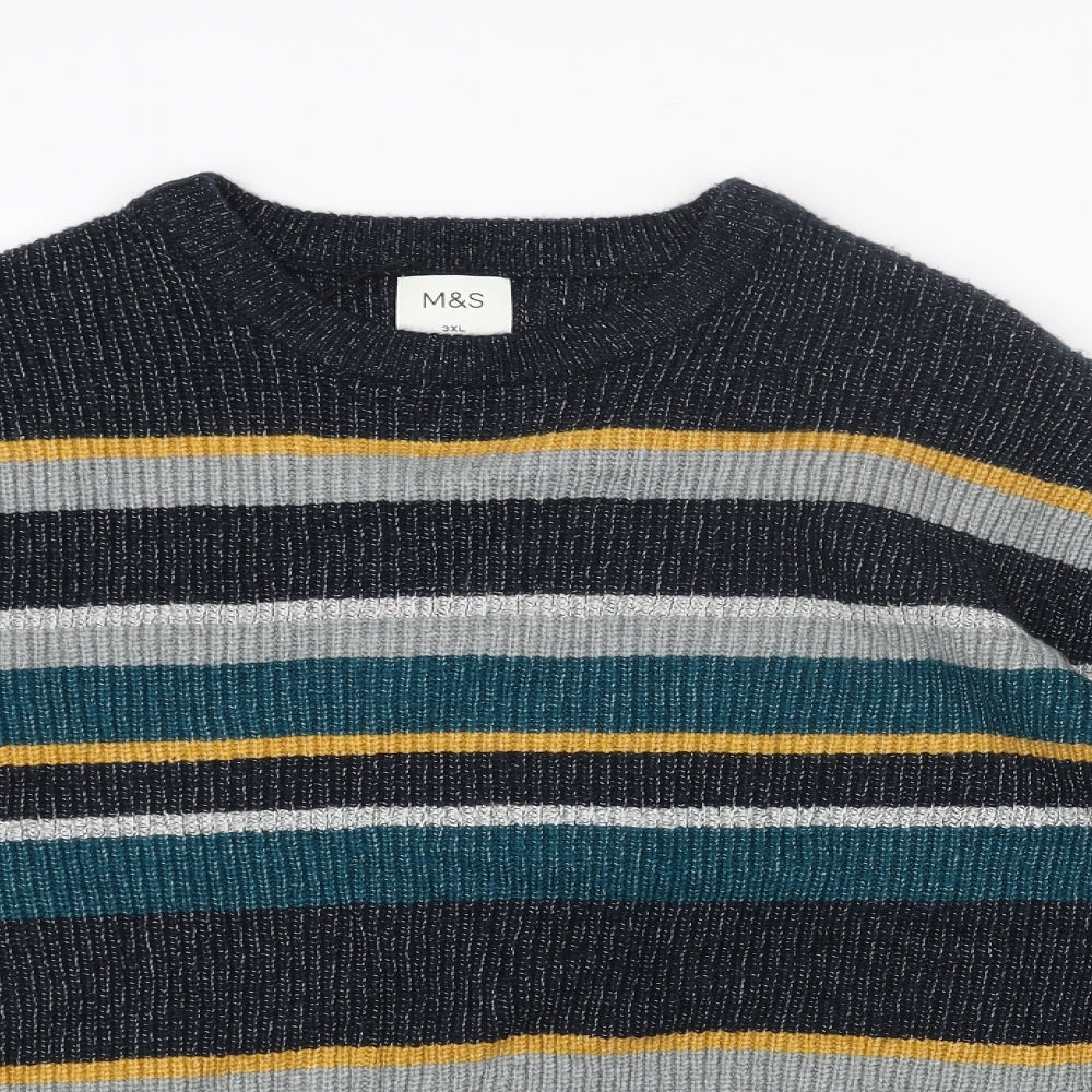 Marks and Spencer Mens Blue Round Neck Striped Acrylic Pullover Jumper Size 3XL
