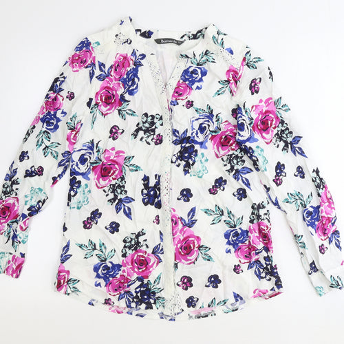 Bonmarché Womens White Floral Viscose Basic Button-Up Size 12 V-Neck