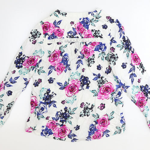 Bonmarché Womens White Floral Viscose Basic Button-Up Size 12 V-Neck