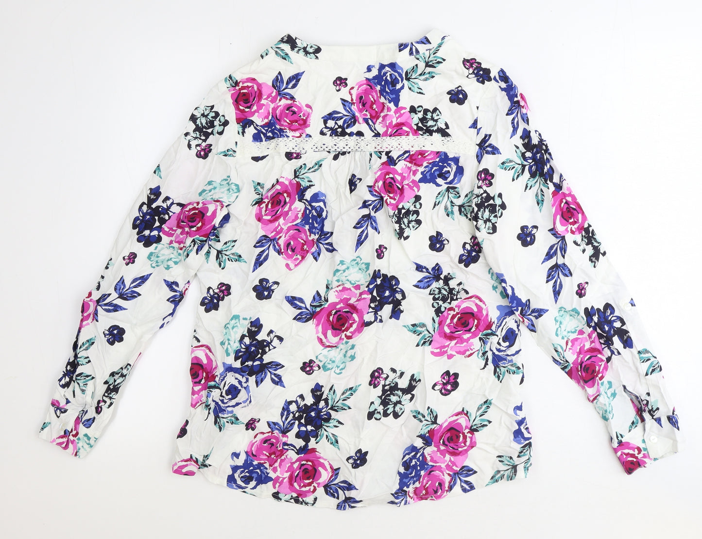 Bonmarché Womens White Floral Viscose Basic Button-Up Size 12 V-Neck