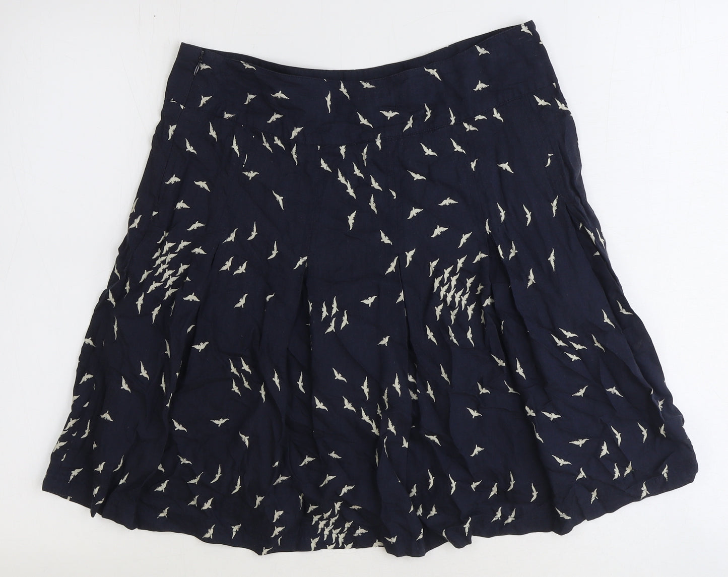 Fat Face Womens Blue Geometric Viscose Skater Skirt Size 10 Zip - Bird Pattern