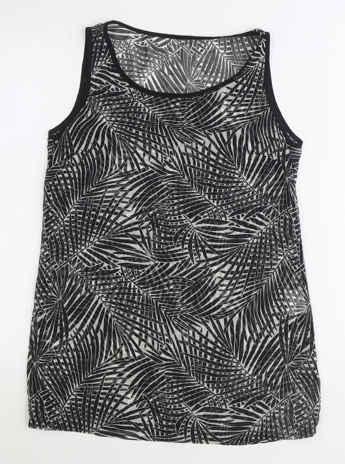Preworn Womens Black Geometric Polyester Tunic Tank Size 8 Scoop Neck - Leaf Print
