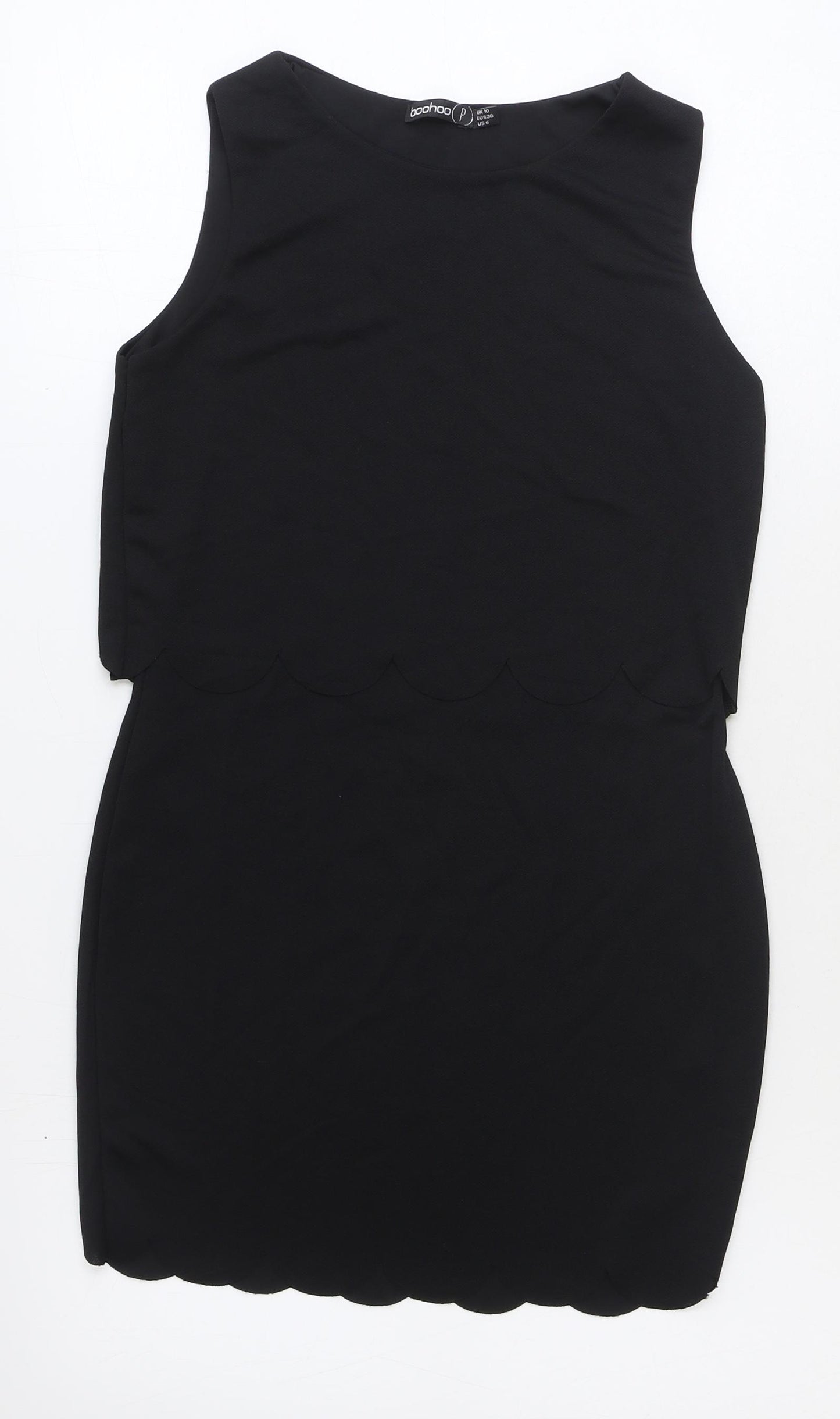 Boohoo Womens Black Polyester Mini Size 10 Boat Neck Pullover - Scallop Hem
