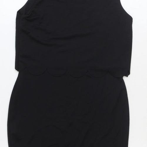 Boohoo Womens Black Polyester Mini Size 10 Boat Neck Pullover - Scallop Hem