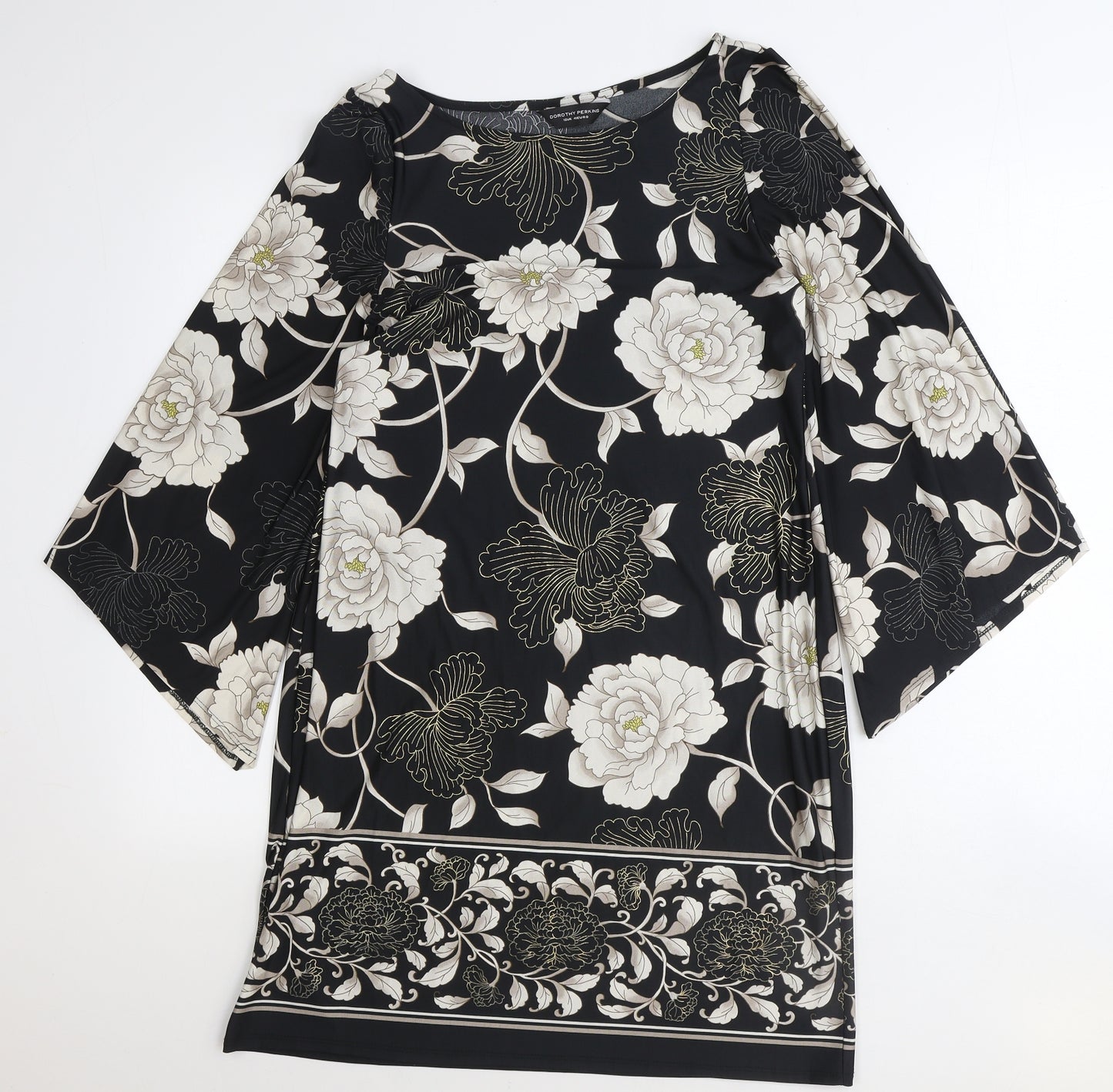 Dorothy Perkins Womens Black Floral Polyester Shift Size 12 Boat Neck Pullover - Voluminous Sleeves