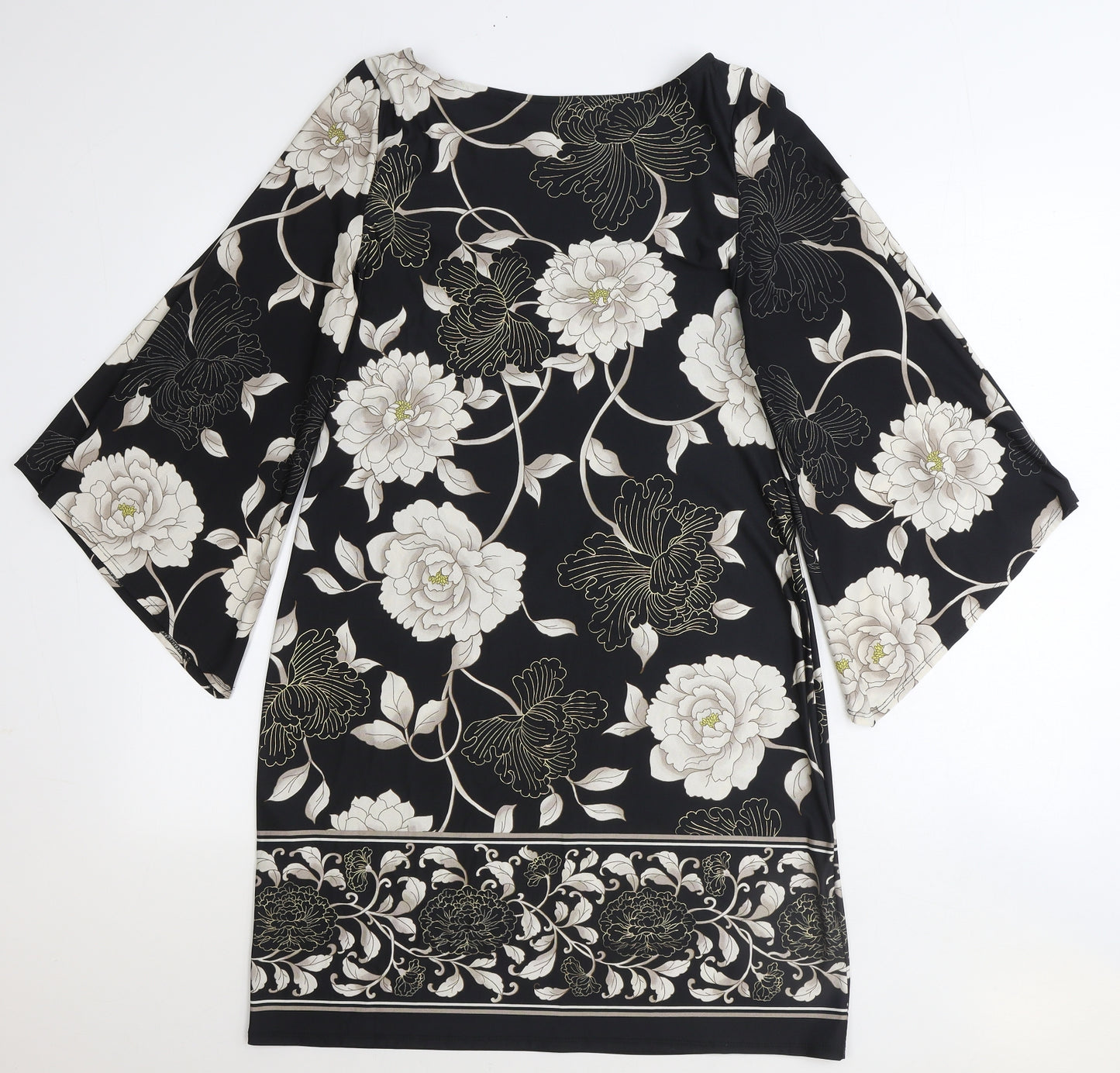 Dorothy Perkins Womens Black Floral Polyester Shift Size 12 Boat Neck Pullover - Voluminous Sleeves