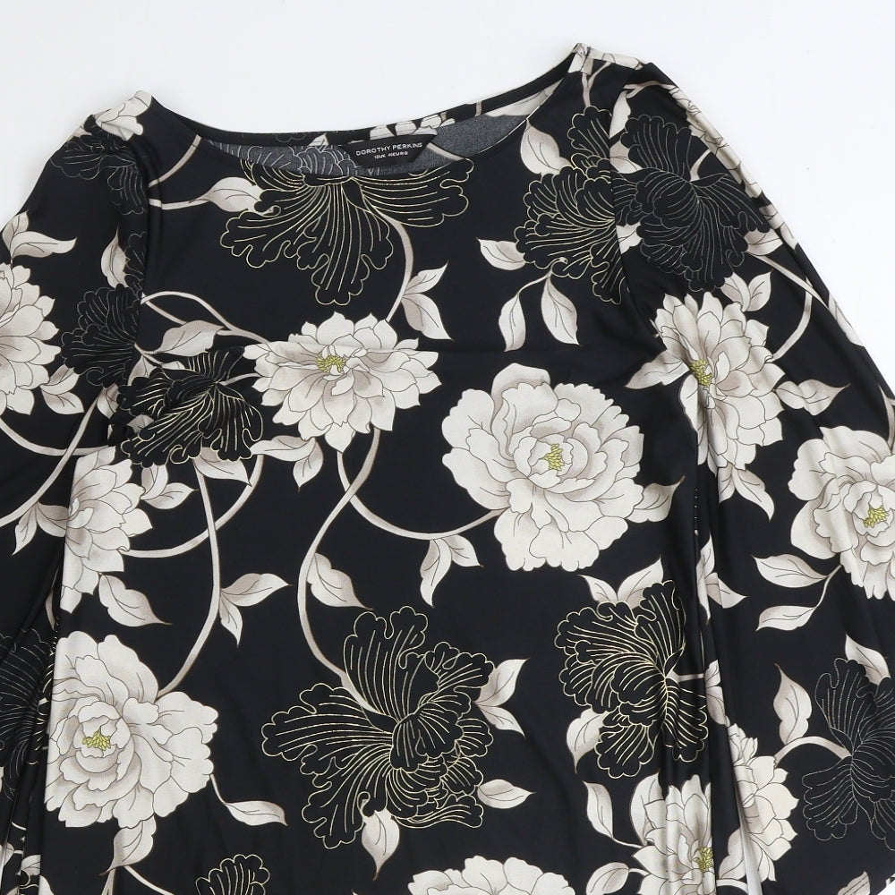 Dorothy Perkins Womens Black Floral Polyester Shift Size 12 Boat Neck Pullover - Voluminous Sleeves