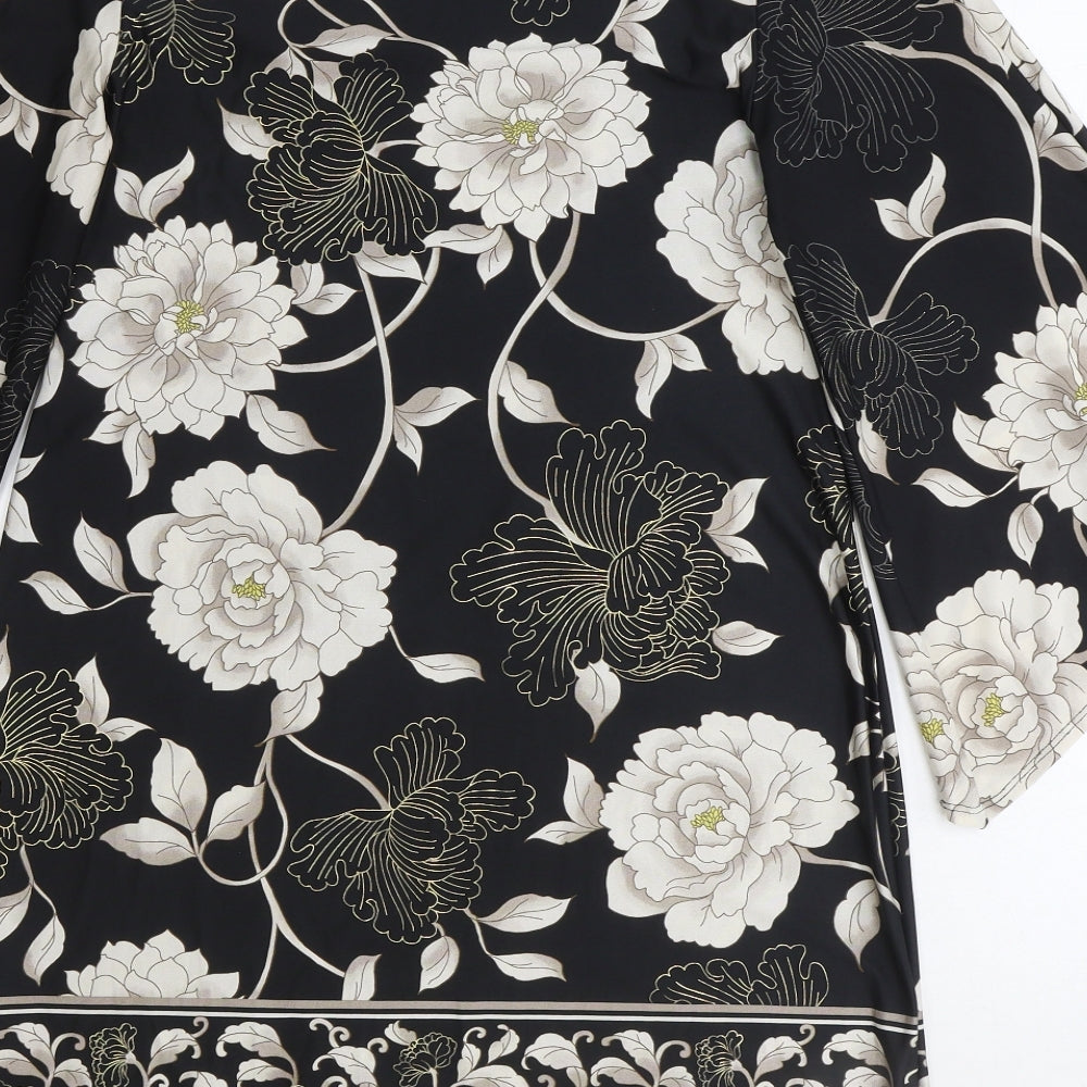 Dorothy Perkins Womens Black Floral Polyester Shift Size 12 Boat Neck Pullover - Voluminous Sleeves