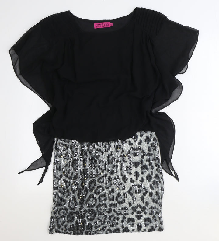 Boohoo Womens Black Animal Print Polyester A-Line Size 10 Round Neck Pullover - Leopard Pattern