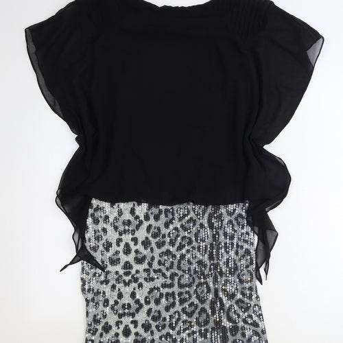 Boohoo Womens Black Animal Print Polyester A-Line Size 10 Round Neck Pullover - Leopard Pattern