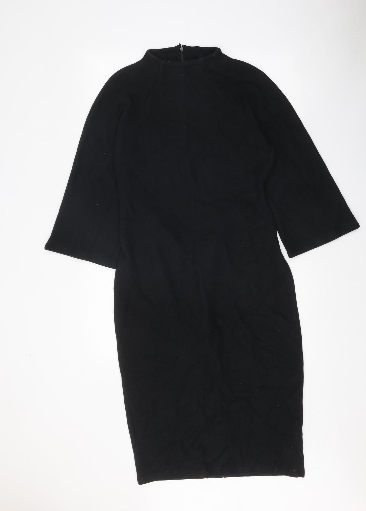 Marks and Spencer Womens Black Cotton Pencil Dress Size 12 Mock Neck Zip