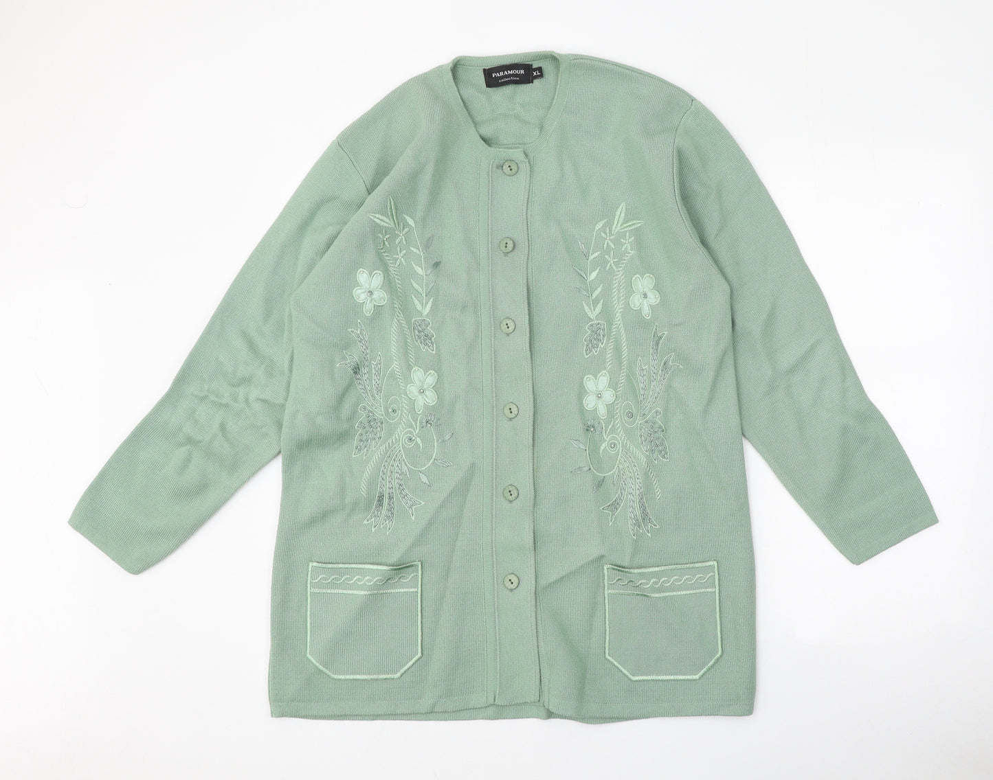Paramour Womens Green Roll Neck Acrylic Cardigan Jumper Size XL - Floral Detail
