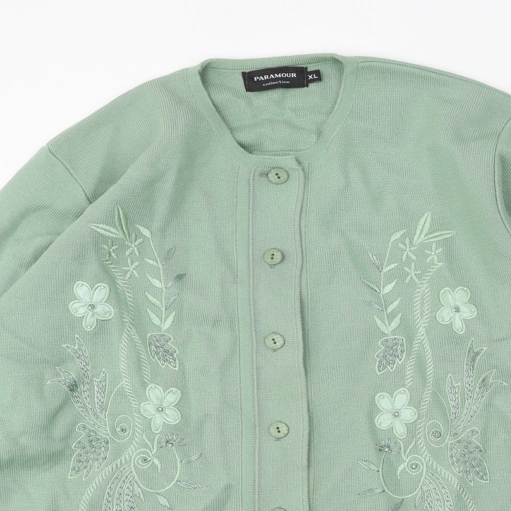 Paramour Womens Green Roll Neck Acrylic Cardigan Jumper Size XL - Floral Detail