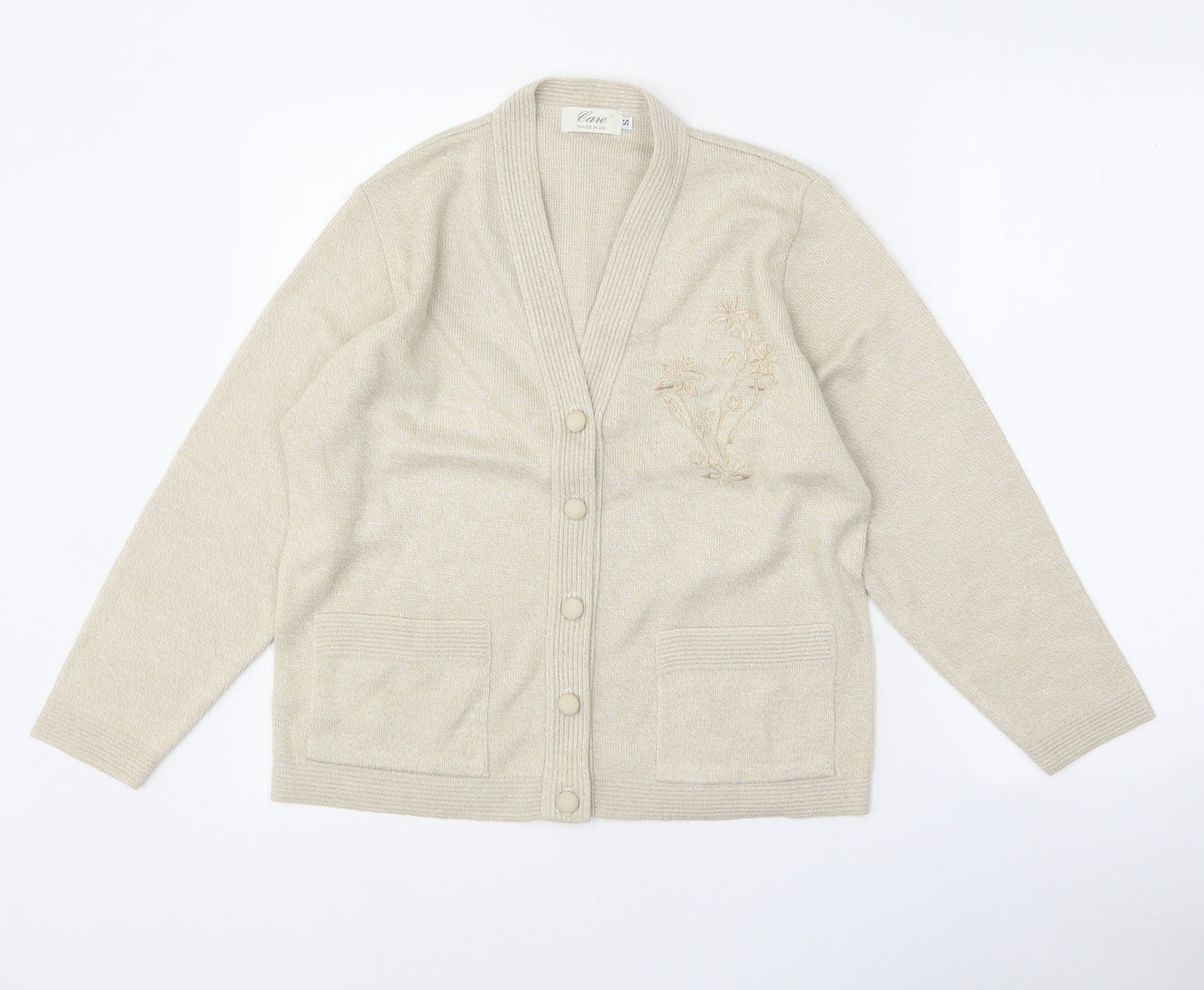 Care Womens Beige V-Neck Acrylic Cardigan Jumper Size S