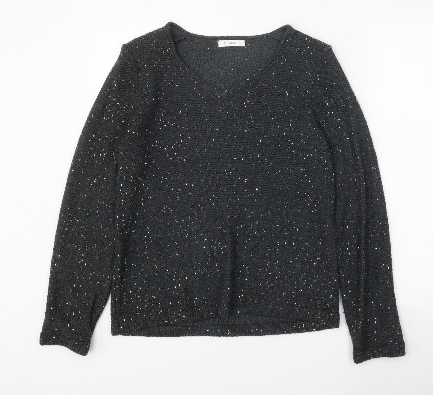 Classic Womens Grey V-Neck Acrylic Pullover Jumper Size 12