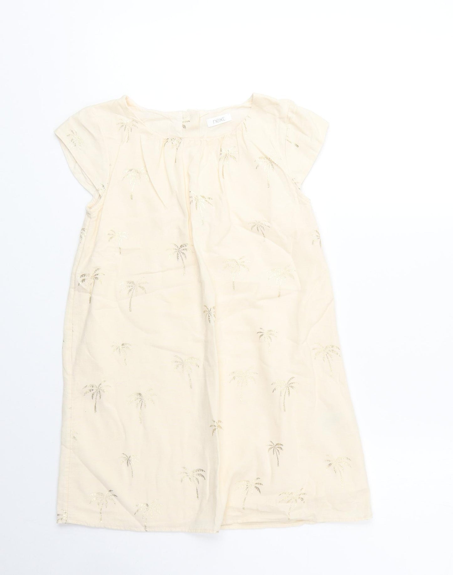 NEXT Girls Yellow 100% Cotton A-Line Size 7 Years Round Neck Button - Palm Tree