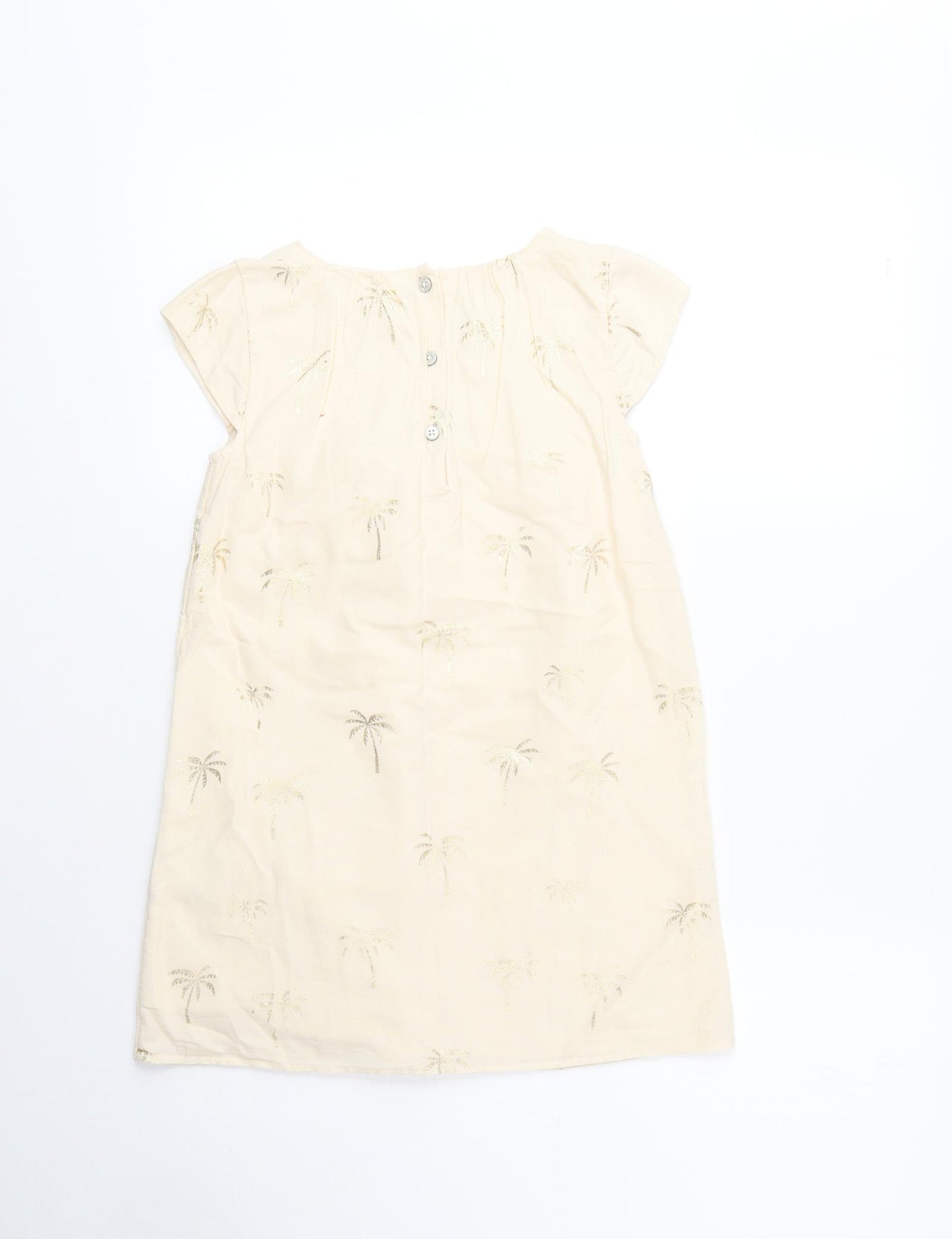 NEXT Girls Yellow 100% Cotton A-Line Size 7 Years Round Neck Button - Palm Tree