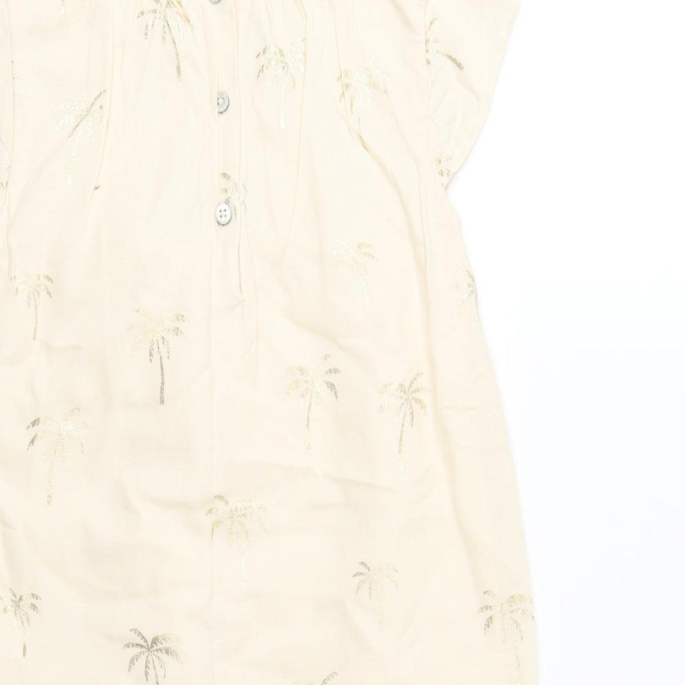 NEXT Girls Yellow 100% Cotton A-Line Size 7 Years Round Neck Button - Palm Tree