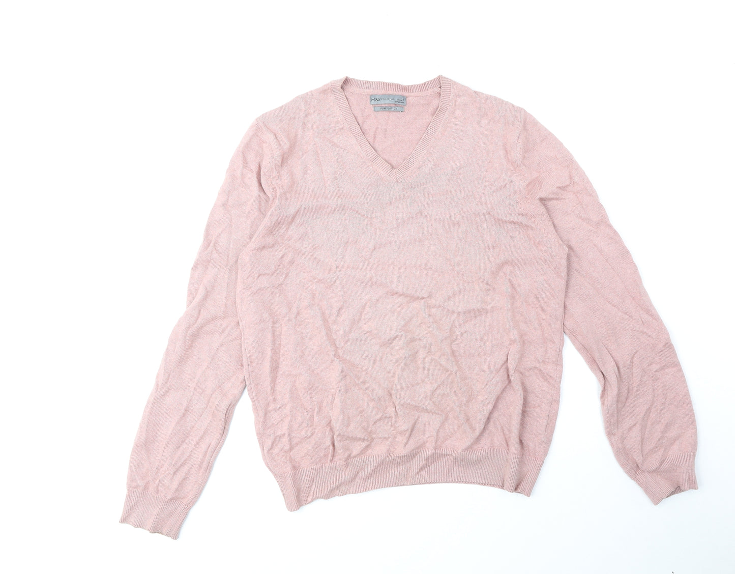 Marks and Spencer Mens Pink V-Neck Cotton Pullover Jumper Size XL