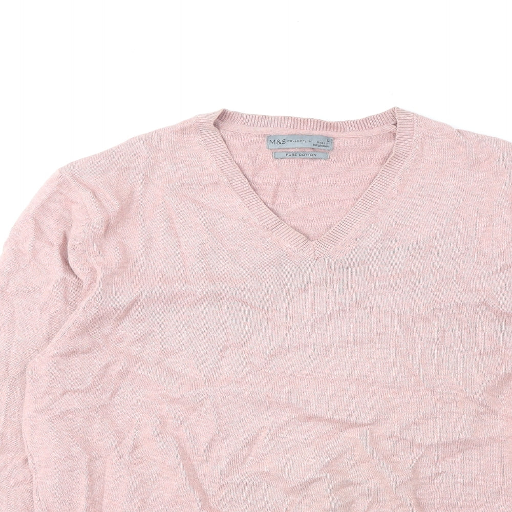 Marks and Spencer Mens Pink V-Neck Cotton Pullover Jumper Size XL