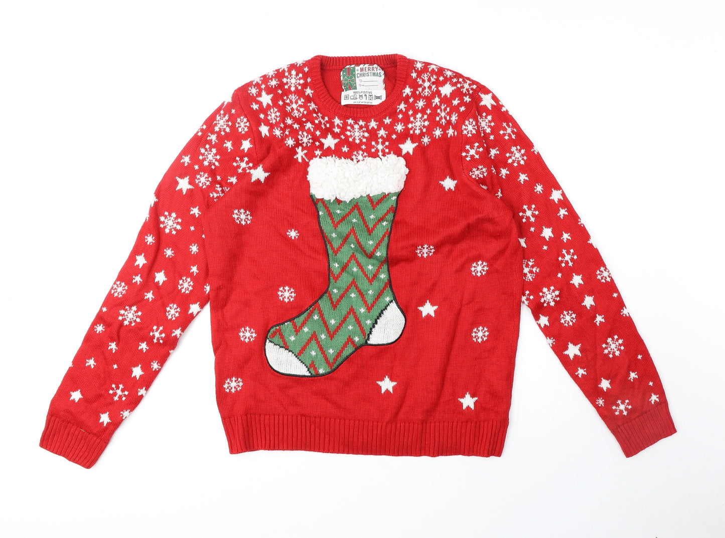 Cedar Wood State Mens Multicoloured Round Neck Geometric Acrylic Pullover Jumper Size L - Christmas Stocking