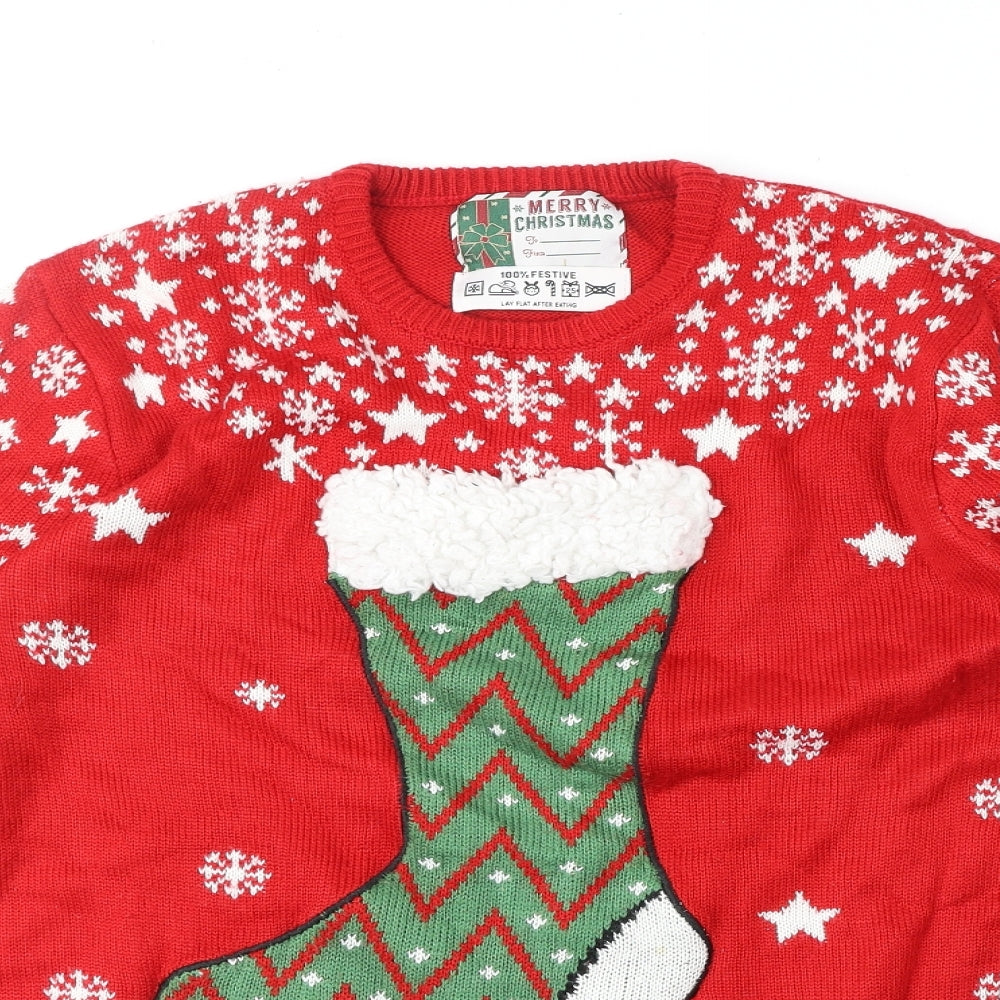Cedar Wood State Mens Multicoloured Round Neck Geometric Acrylic Pullover Jumper Size L - Christmas Stocking