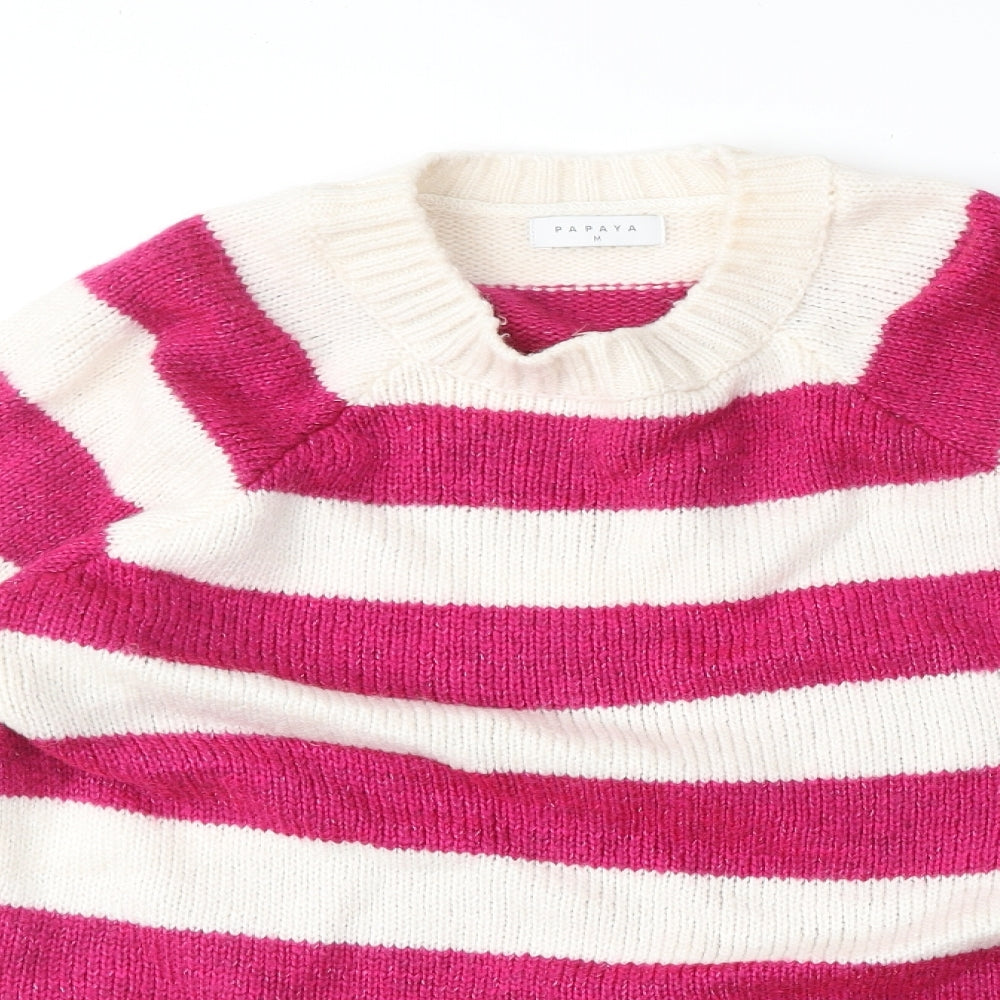 Papaya Womens Pink Round Neck Striped Acrylic Pullover Jumper Size M