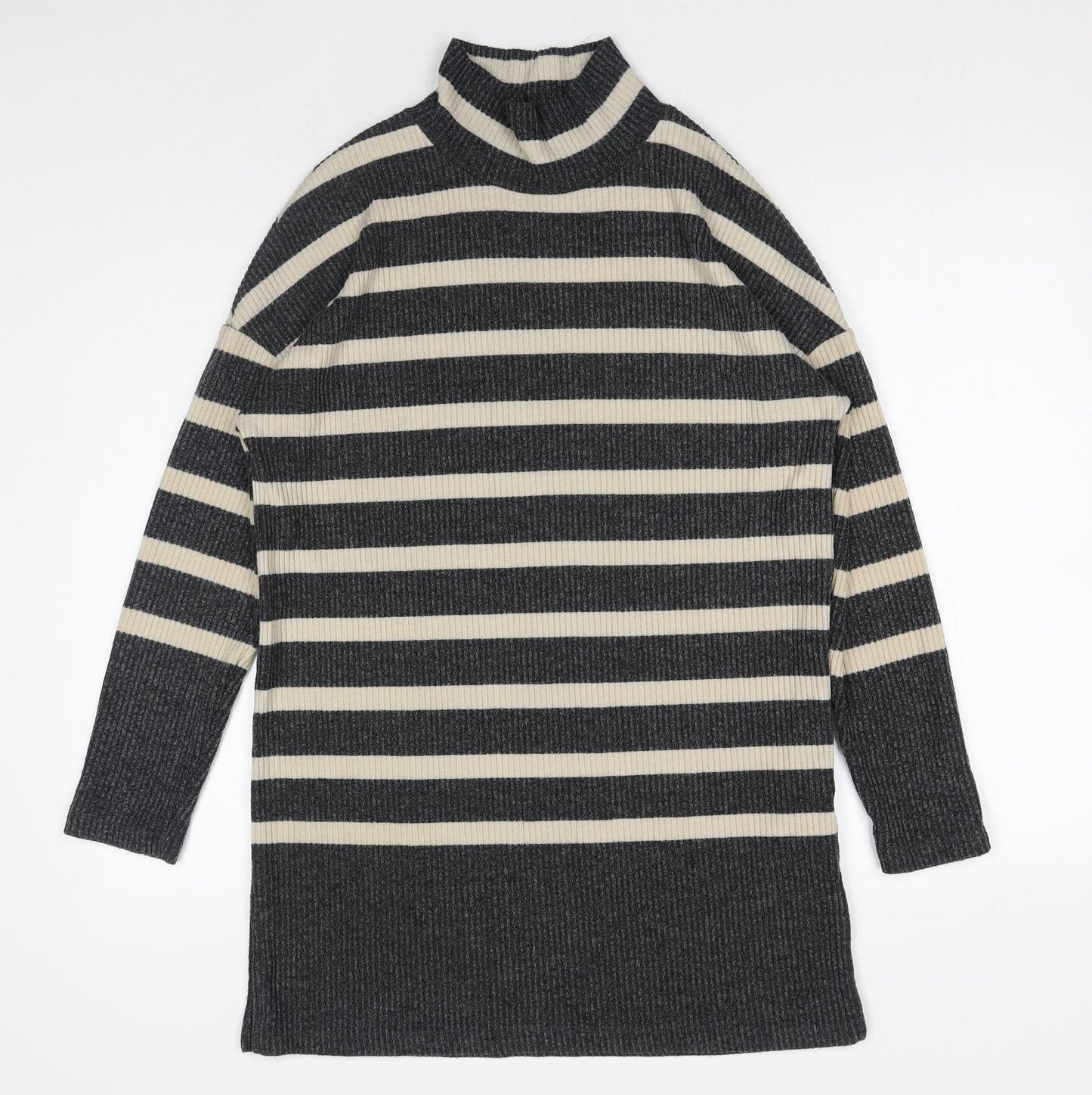 F&F Womens Grey High Neck Striped Polyester Pullover Jumper Size 12