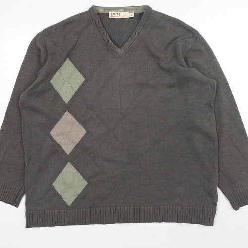 EWM Mens Grey V-Neck Cotton Pullover Jumper Size L