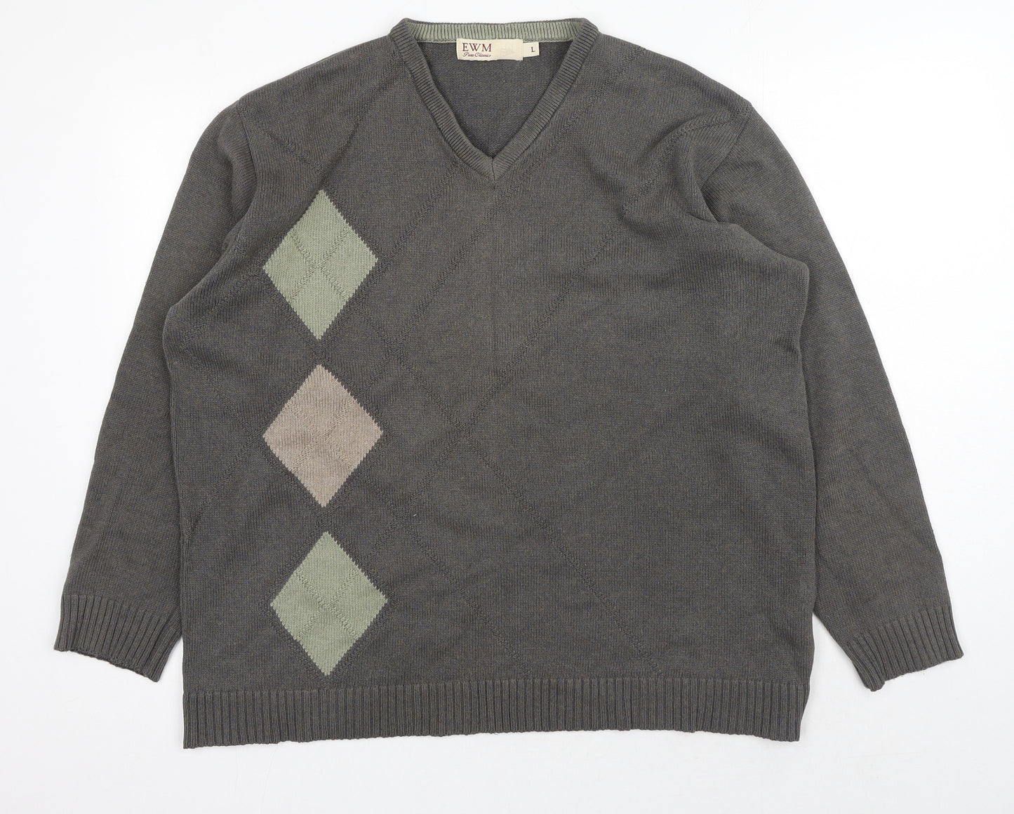 EWM Mens Grey V-Neck Cotton Pullover Jumper Size L