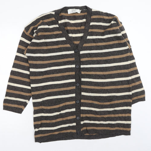 Tigi Womens Brown V-Neck Striped Acrylic Cardigan Jumper One Size